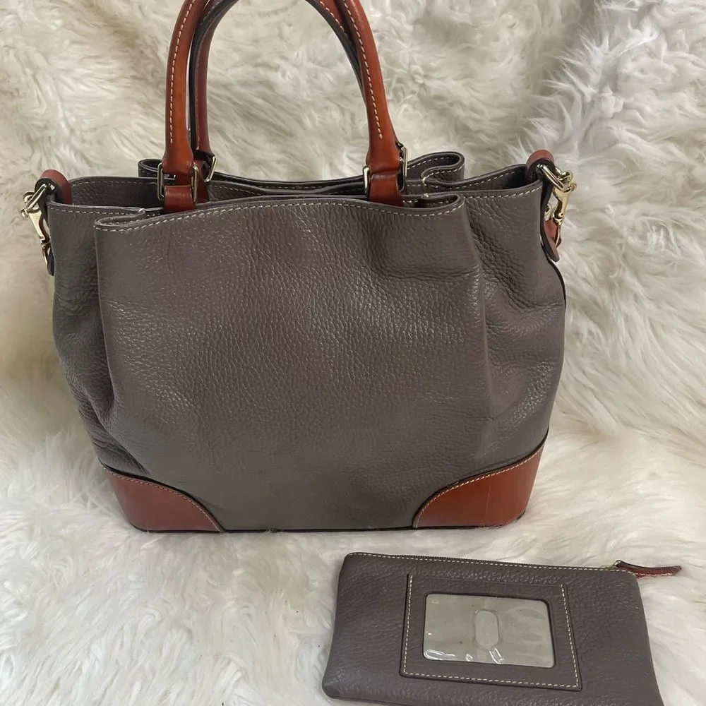 Dooney & Bourke Brenna Gray pebble Leather satchel tanTrim & Strap bonus pouch.
